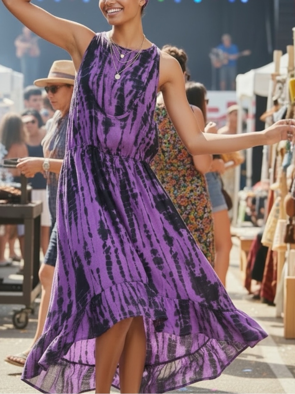 Dress High-Low Flowing Hem Tie Dye Effect Sheer Lightweight Racerback Size L